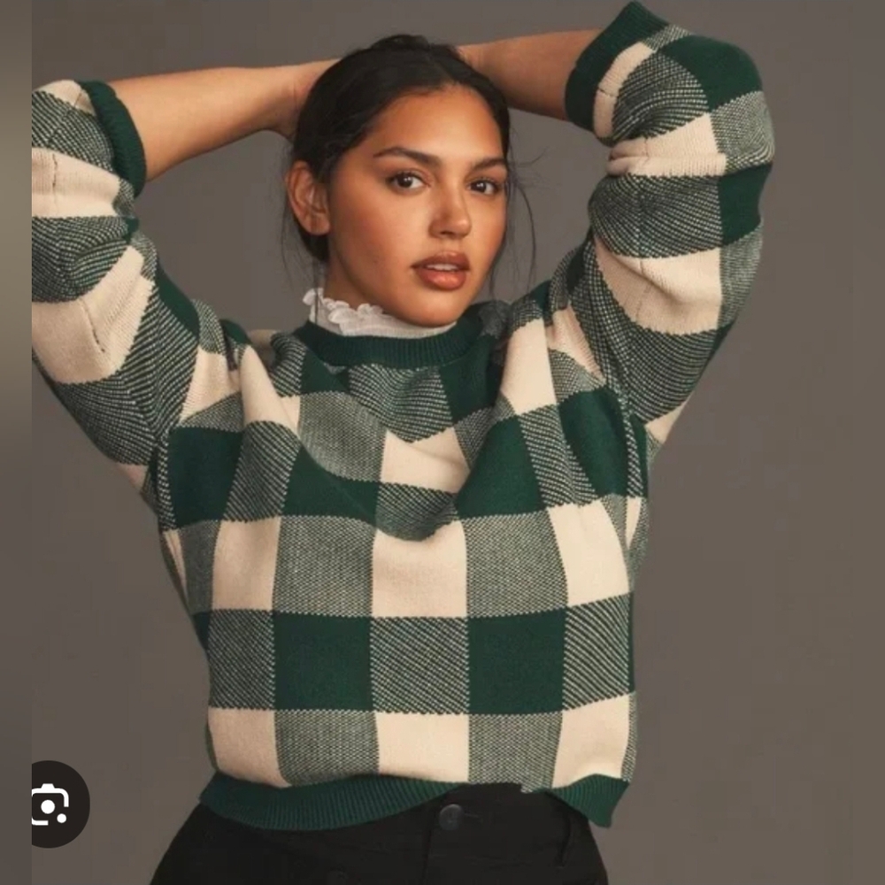 Anthro Plaid Ruffle-Collar Pullover Sweater 2X Green
